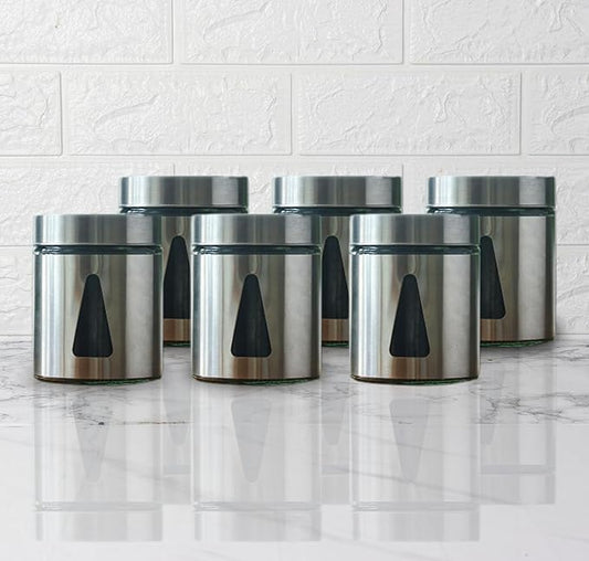 Kitchen Storage Jars Steel Finish With See Through Window Jar, 700 ml, Pack of 6, Silver