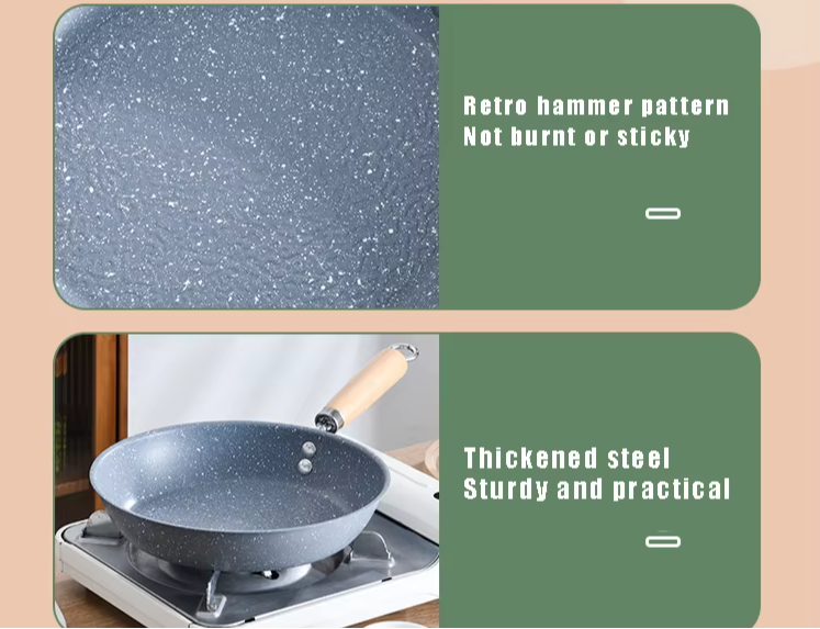 Marble-Pattern Non-Stick Frying Pan with Ergonomic Wooden Handle – Retro Hammer-Style Skillet Ideal for Eggs, Steaks, Pancakes & Daily Cooking – Compatible with Induction & Gas Stoves