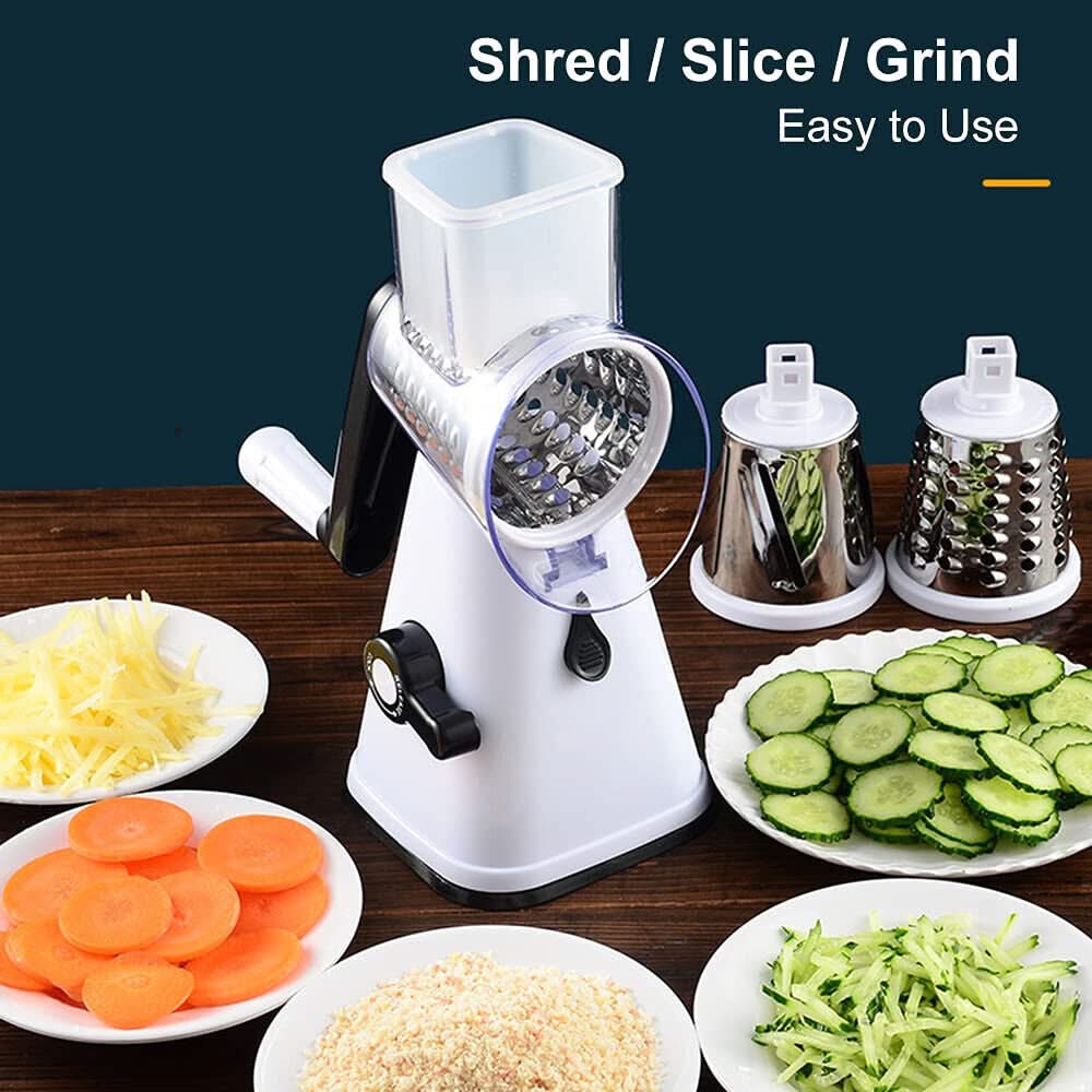 3 in 1 Rotary Cheese Grater – Multifunctional Slicer and Shredder with Easy-to-Swap Stainless Steel Interchangeable Rotating Drum Blades for Effortless Kitchen Prep Tool