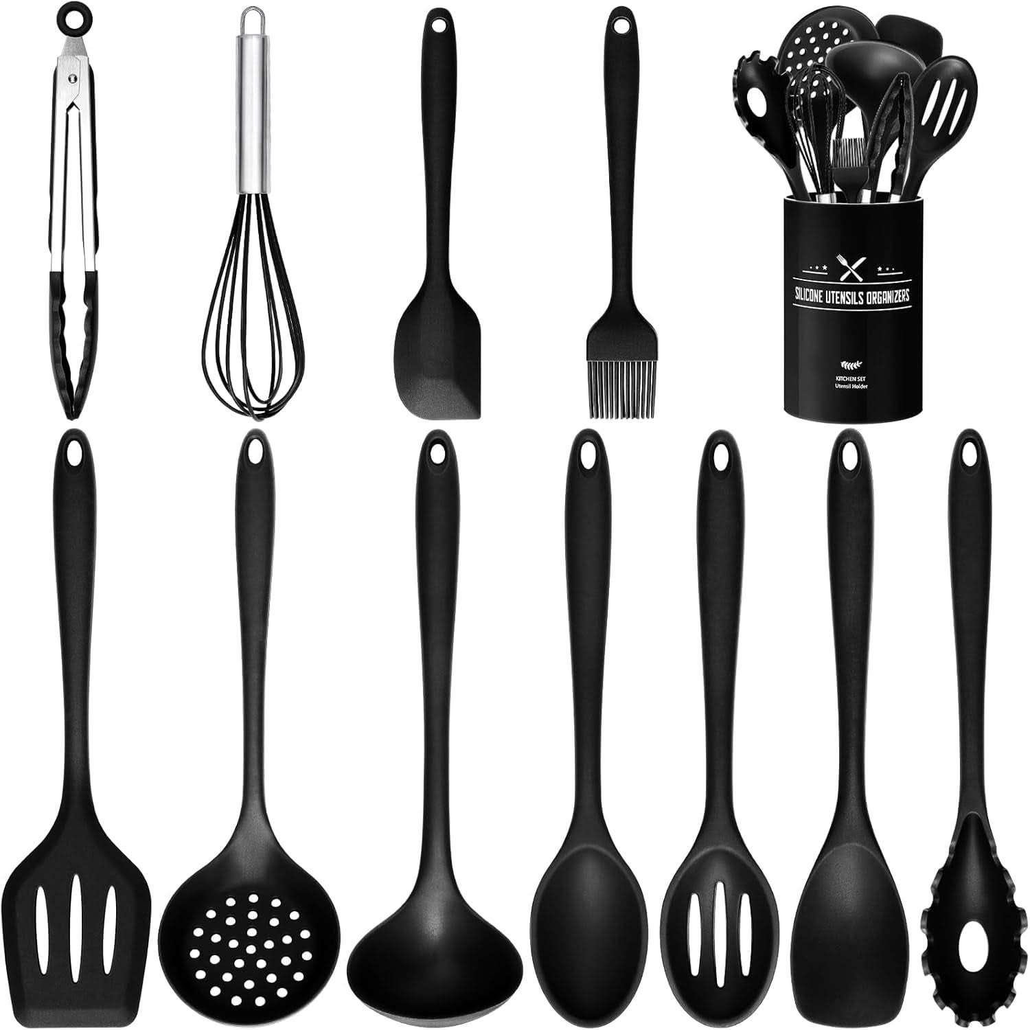 12-Piece Silicone Kitchen Utensils Set – Heat-Resistant Includes Holder, BPA-Free Non-Stick Spatulas and Tools, Perfect for Everyday Cooking (Black)