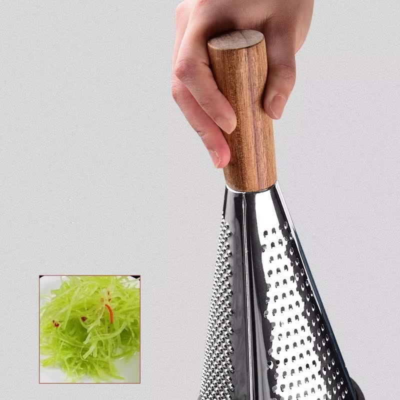 Modern Cone-Shaped Stainless Steel Grater and Zester – Versatile Kitchen Tool for Vegetables, Fruits, and Cheeses, Available in Small, Medium, and Large Sizes (Wooden or Plastic Handle)