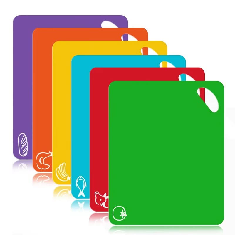 6-Piece Colorful Flexible Plastic Cutting Mats – Non-Slip Chopping Boards with Food Iconsfor Organized and Hygienic Kitchen Use 