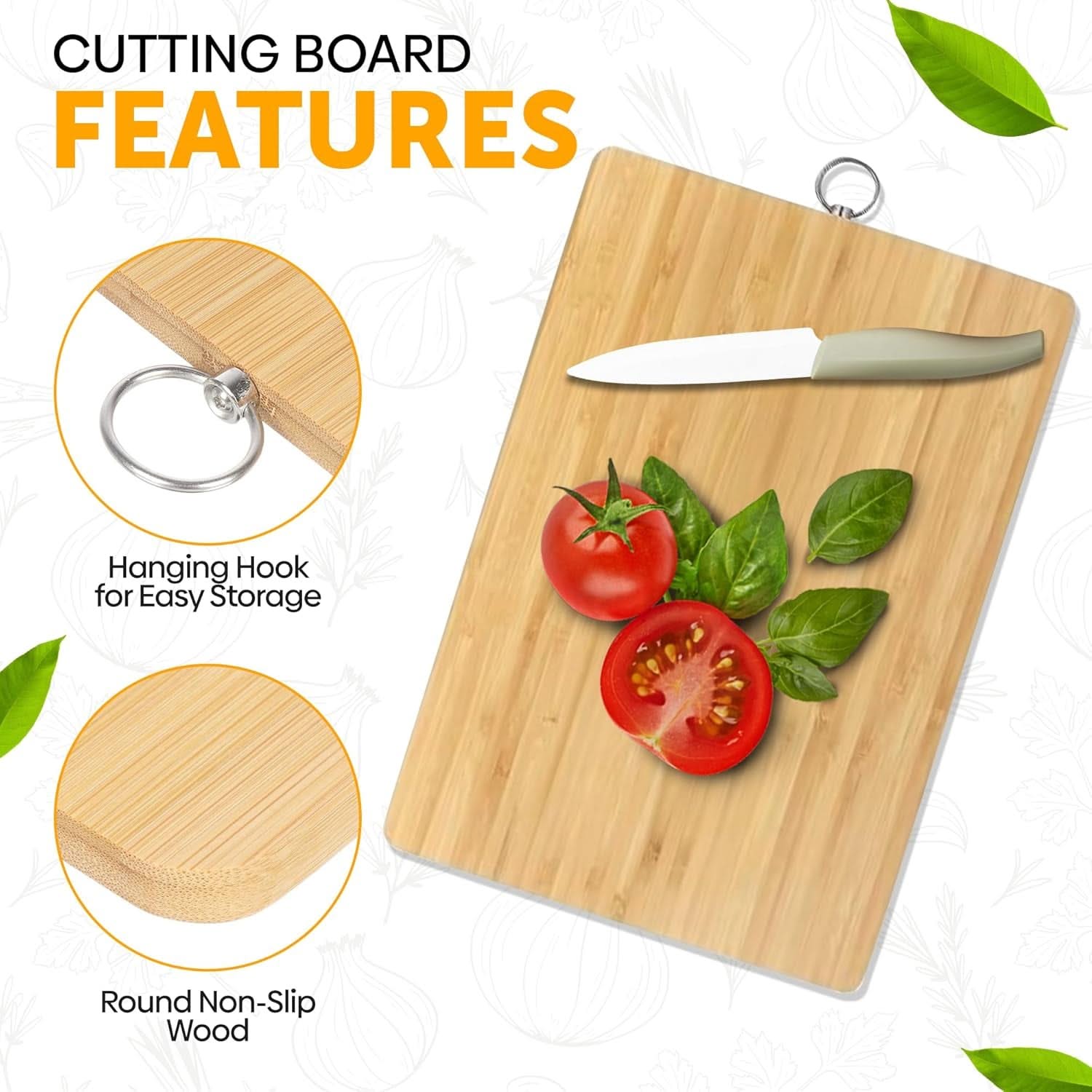 Wooden Bamboo Cutting Board – Non-Slip Chopping Board for Meat, Vegetables, Cheese, and Bread (20 x 30 x 1.3 cm)