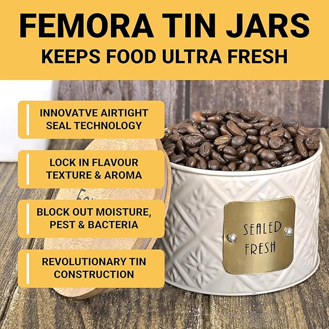 Kitchen Storage Jars Tin Jar With Wooden Lid Air Tight Jar, 300 ml, Set of 1