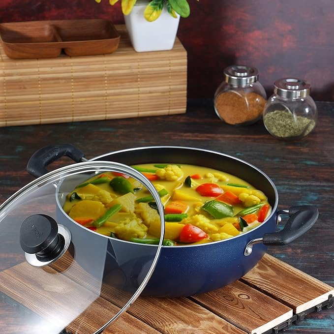 Aluminium Non Stick Deep Kadhai with Glass Lid - 1.4 L, 18 cm, 3 Layer Ceramic Coating, 3 mm Thick