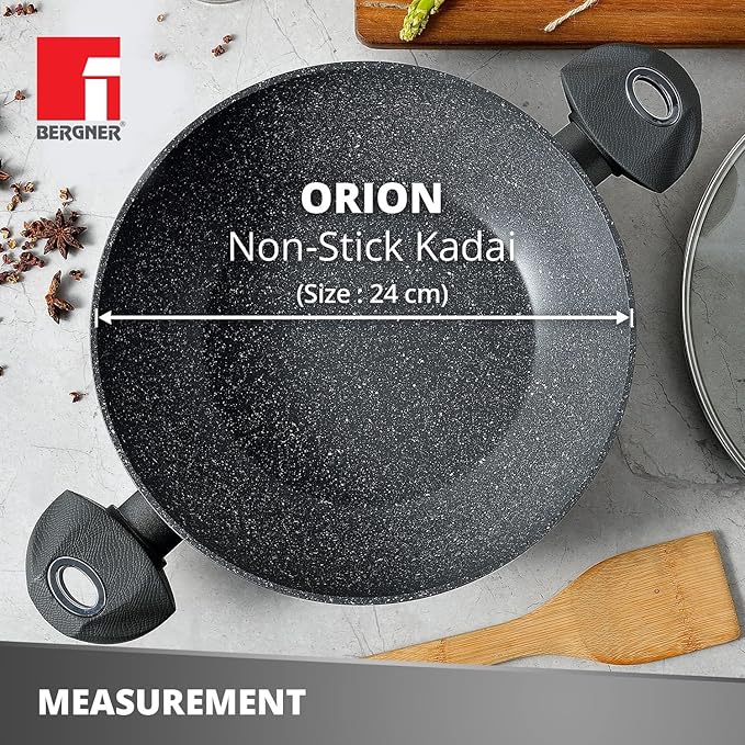 Nonstick 24 cm Shallow Kadai, Glass Lid, 2.3 L