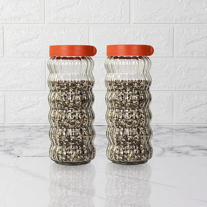 Kitchen Storage Jars Clear Glass With Plastic Stackable Lid Jar, 1000 ml, Set of 2