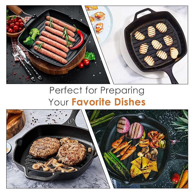 Premium Pre-seasoned Cast Iron Grill Pan With Long Handle, 24 cm, Induction Friendly
