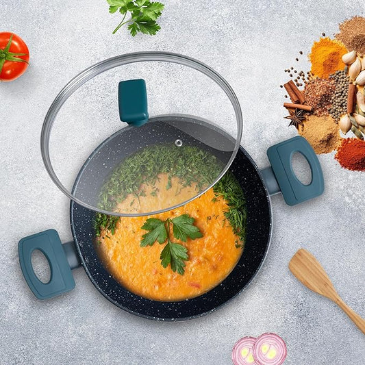 24 cm, 2.4 L Non Stick Kadai, Granite Stone Kadhai With Glass Lid, Kadai With Lid for Cooking, Bezel