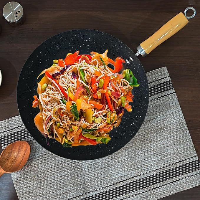Carbon Steel Wok 28 cm With Wooden Handle, 3 Layer Non-stick Coating Wok, Black