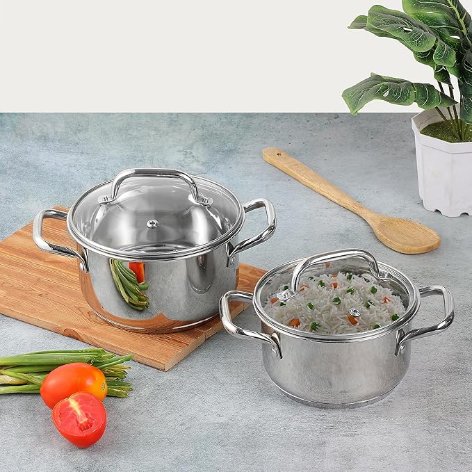 Stainless Steel Cookware set of 2, 1.2 and 2 L Saucepot with Glass Lid, SAS Bottom, Biryani Pot