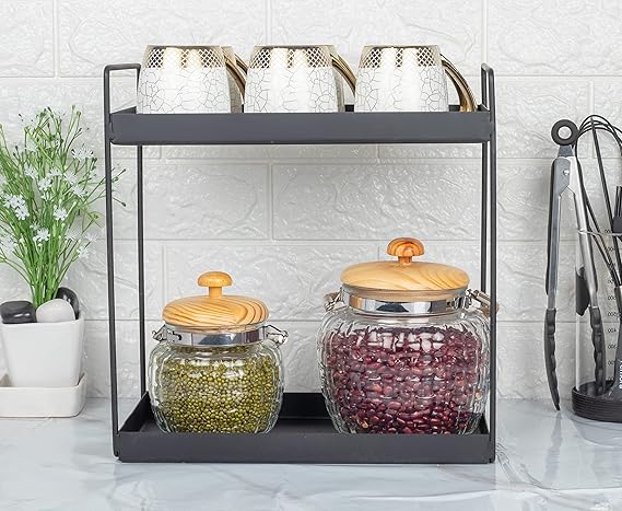 Kitchen Storage Jars Embossed Glass Jar With Wooden Lid & Jute Chain Air Tight Jar, 500 ml