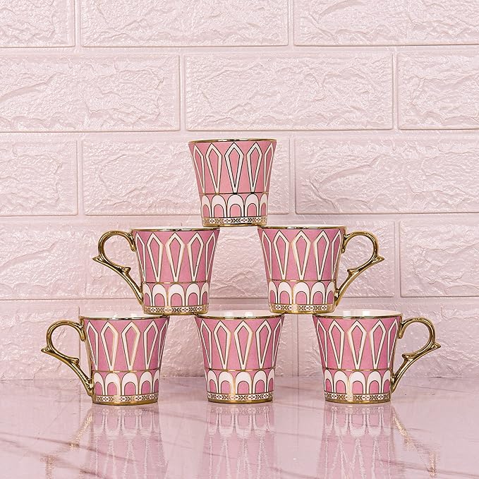 Dropped U Scale Pattern Pattern Golden Tea Mugs, Ceramic Tea Cups, Coffee Mugs, 160 ml, Pink, 6 Pcs Set