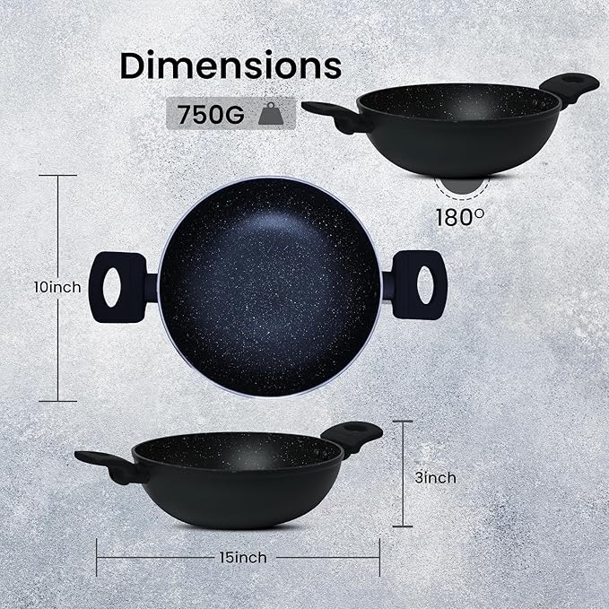Non Stick Kadai With Lid 24 cm, Induction Kadai, Granite Stone Kadhai With Glass Lid, Biryani Pot, 2.4 L