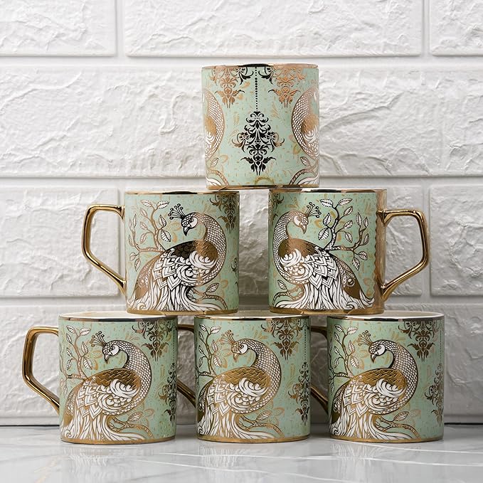 Premium Peacock Motif with Leaves Pattern Ceramic Coffee & Tea Cup Set of 6 Each