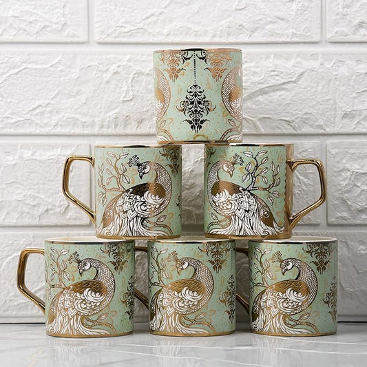 Premium Peacock Motif with Leaves Pattern Ceramic Coffee & Tea Cup Set of 6 Each