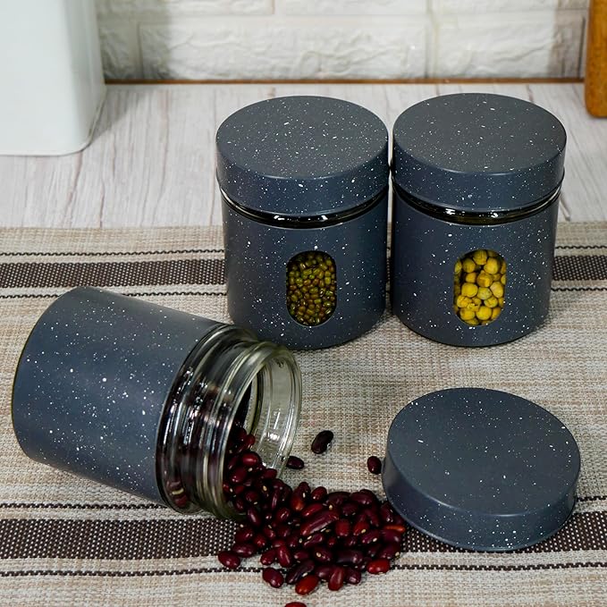 Carbon Steel Jar for Kitchen Storage With Clear Glass Window and Carbon Steel Lid, 300 ml, 3pc Set