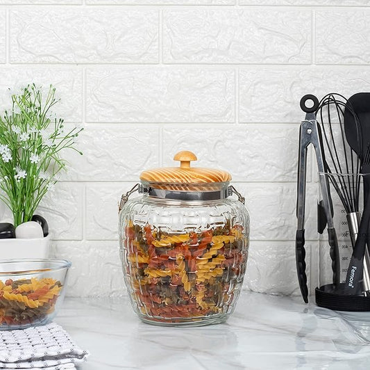 Kitchen Storage Jars Embossed Glass Jar With Wooden Lid & Jute Chain Air Tight Jar, 2000 ml