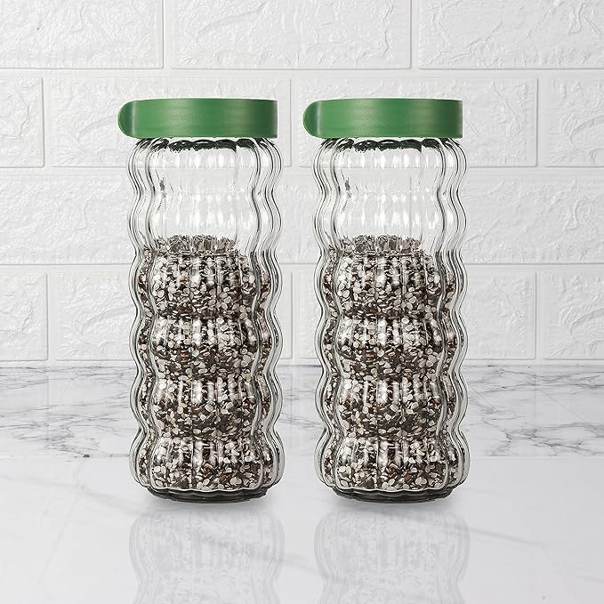 Kitchen Storage Jars Clear Glass With Plastic Stackable Lid Jar, 1000 ml, Pack of 2