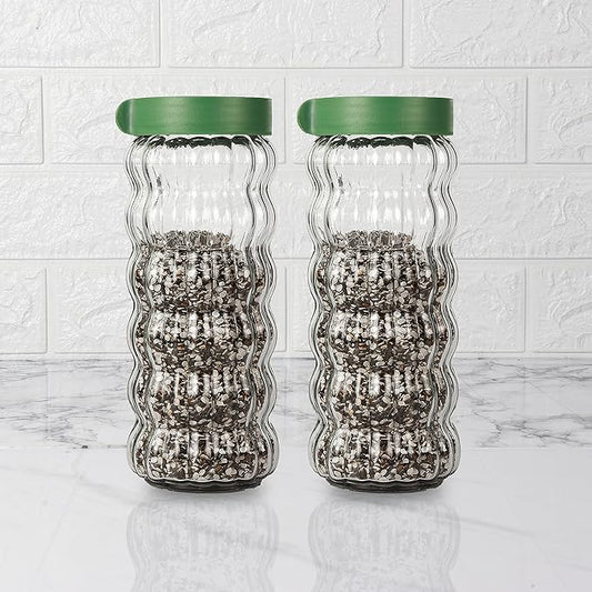 Kitchen Storage Jars Clear Glass With Plastic Stackable Lid Jar, 1000 ml, Pack of 2