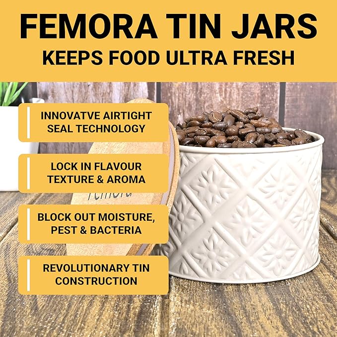 Kitchen Storage Jars Tin Jar With Wooden Lid Air Tight Jar, 300 ml, Set of 4