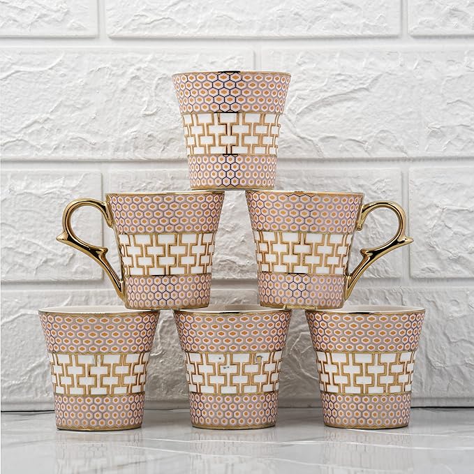 Honey Comb on Golden Mugs, Ceramic Tea Cups, Coffee Mugs, 160 ml, Golden, 6 Pieces Set