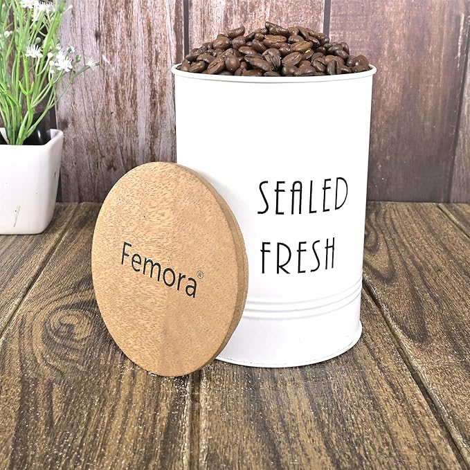 Kitchen Storage Jars Tin Jar With Wooden Lid Air Tight Jar, 900 ml, Set of 2
