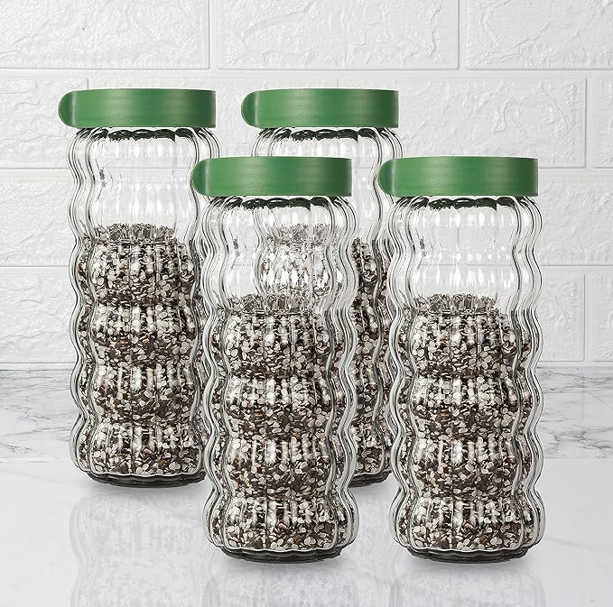 Kitchen Storage Jars Clear Glass With Plastic Stackable Lid Jar, 1000 ml, Set of 4