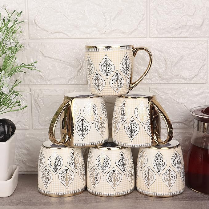 Indian Ceramic Golden Line Tea Cup, Coffee Cup, 6 Pieces, 190 ml, Not Microwave Safe