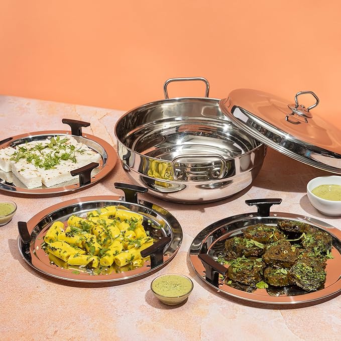 Stainless Steel Multi Kadai with 5 Plates - 26 cm, 2 Idli, 2 Dhokla/Momos and 1 Patra Plates