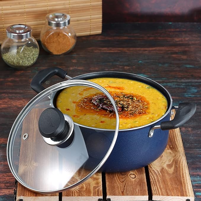 Aluminium Non Stick Saucepot With Glass Lid - 2.2 L, 18 cm, 3 mm Extra Thick, 3 Layer Coating