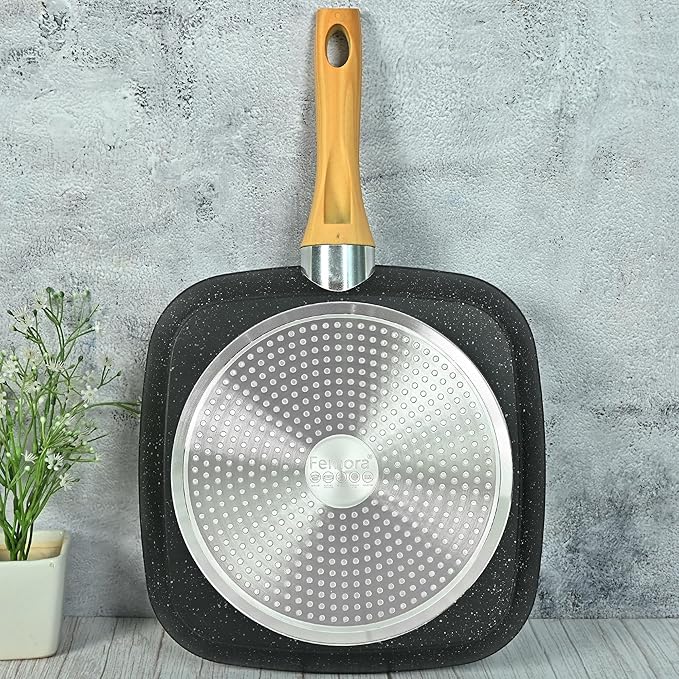 Foged Die Cast Aluminium Non Stick 28 cm Square Grillpan With Wood Finish Handle, Granite Finish