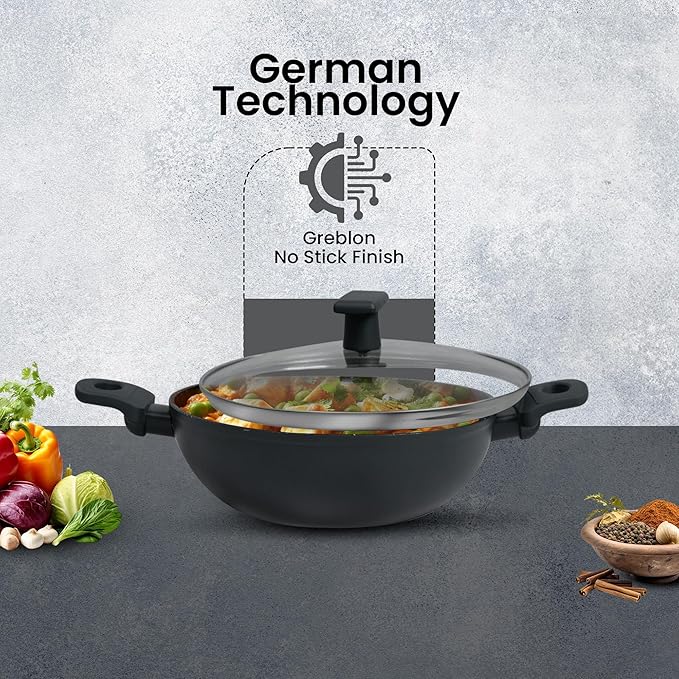 Non Stick Kadai With Lid 24 cm, Induction Kadai, Granite Stone Kadhai With Glass Lid, Biryani Pot, 2.4 L