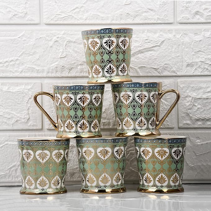 Golden Leaves Pattern Golden Tea Mugs, Ceramic Tea Cups set of 6