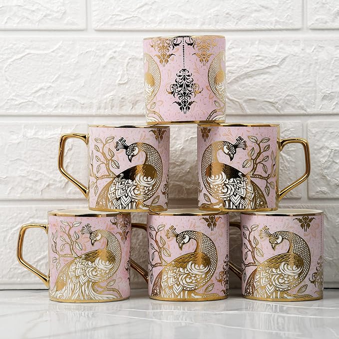 Premium Pink Peacock Pattern Golden Ceramic Coffee & Tea Cup Set of 6 Pink Each