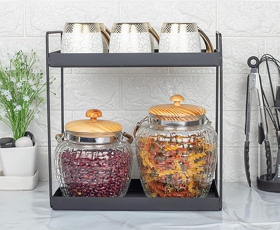 Kitchen Storage Jars Embossed Glass Jar With Wooden Lid & Jute Chain Air Tight Jar, 1500 ml, Pack of 2