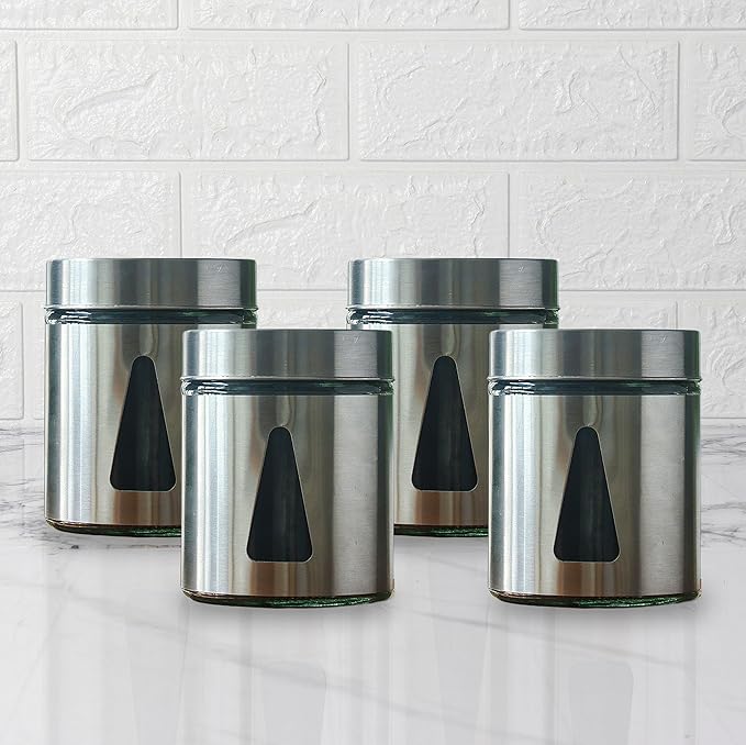 Kitchen Storage Jars Steel Finish With See Through Window Jar, 700 ml, Pack of 4
