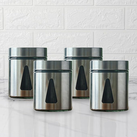 Kitchen Storage Jars Steel Finish With See Through Window Jar, 700 ml, Pack of 4