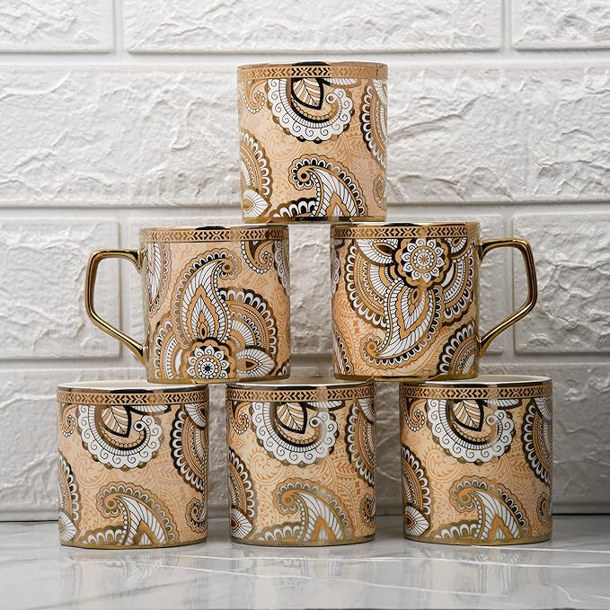 Floral Pattern With Radial Background Golden Coffee Mugs, 180 ml, Golden, 6 Pieces Set