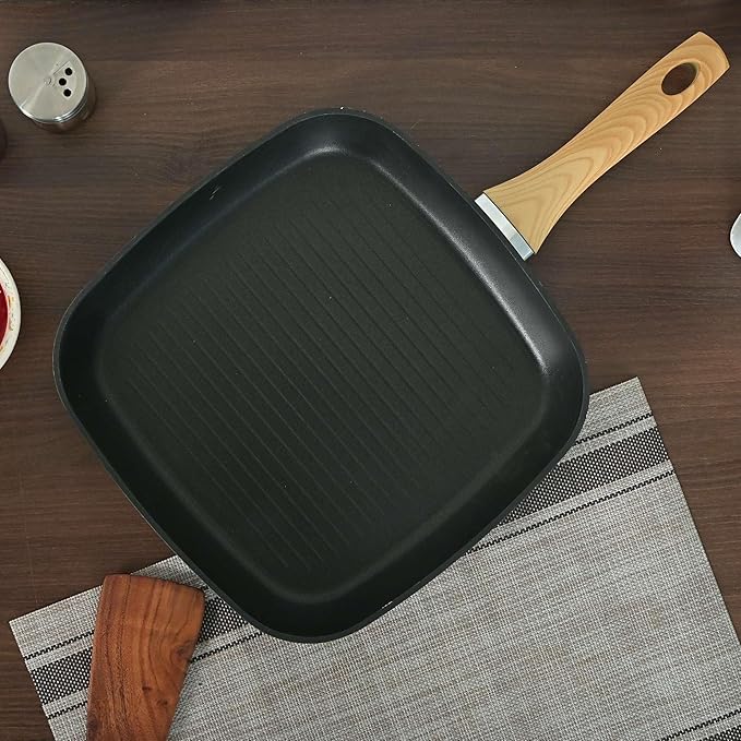 Foged Die Cast Aluminium Non Stick 28 cm Square Grillpan With Wood Finish Handle, Granite Finish