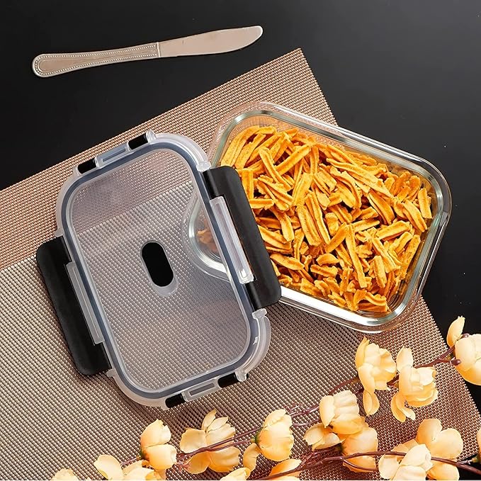 Borosilicate Rectangle Microwave Oven Safe Glass Container With Dectahable & Break Free Lid, Black Color - Design 2