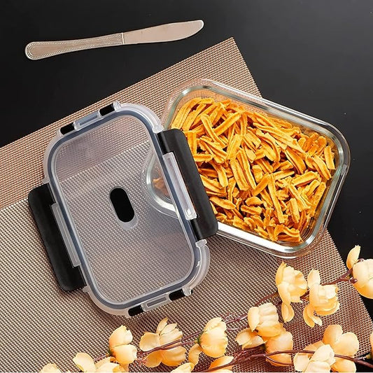 Borosilicate Rectangle Microwave Oven Safe Glass Container With Dectahable & Break Free Lid, Black Color - Design 3