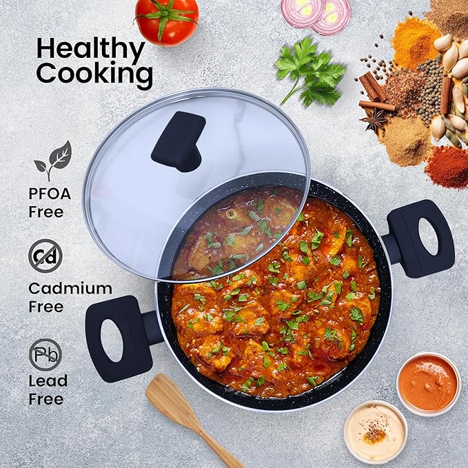 Non Stick Kadai With Lid 24 cm, Induction Kadai, Granite Stone Kadhai With Glass Lid, Biryani Pot, 2.4 L
