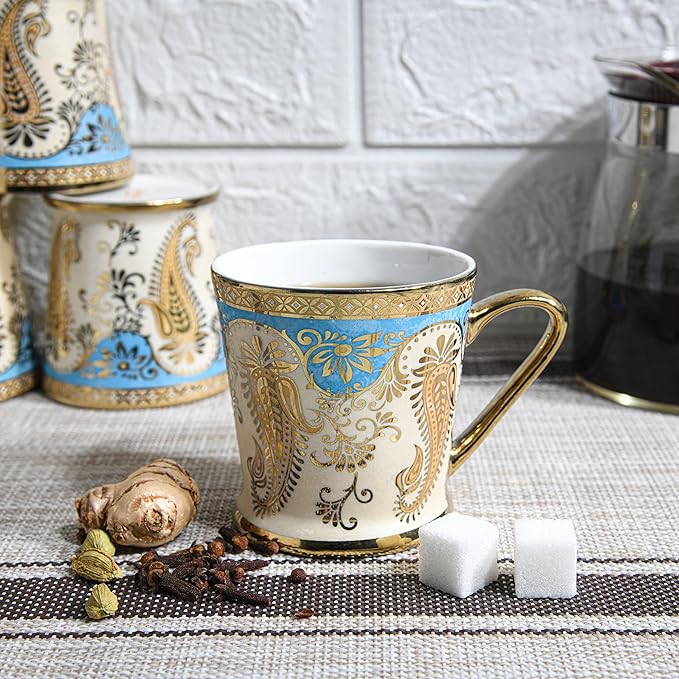 Golden Leaf Tea Mugs, Ceramic Tea Cups, Coffee Mugs, 180 ml, Golden, 6 Pcs Set, Not Microwave Safe