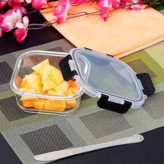 Borosilicate Square Microwave Oven Safe Glass Container With Dectahable & Break Free Lid, Black Color - 500 ml