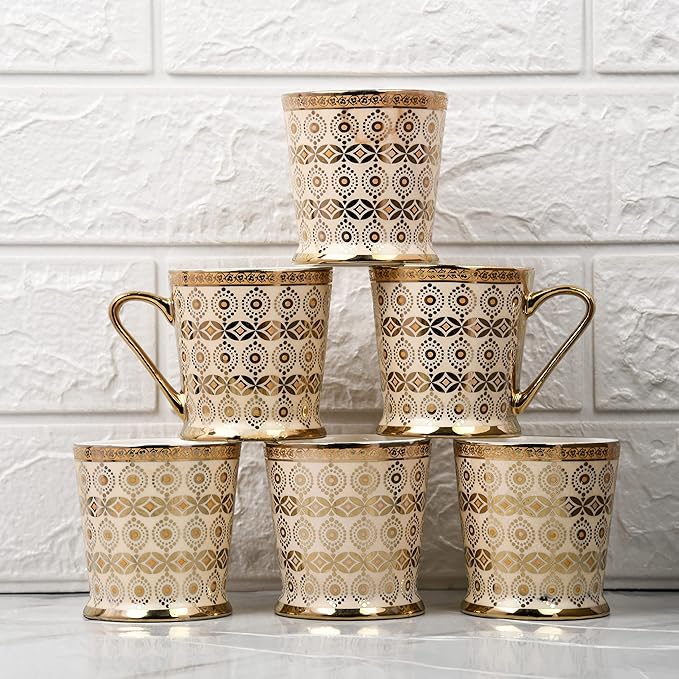 Traditional Circles With Leaves Pattern Golden Tea Mugs, Coffee Mugs, 180 ml, Golden, 6 Pcs Set