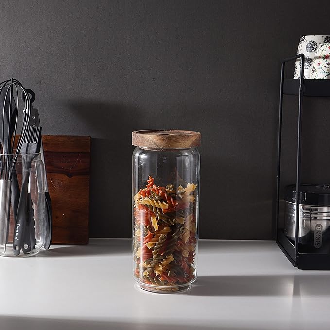 Kitchen Storage Jars Borosilicate Glass Jar for Kitchen With Wooden Lid Air Tight Jar, 1000 ml, Pack of 1