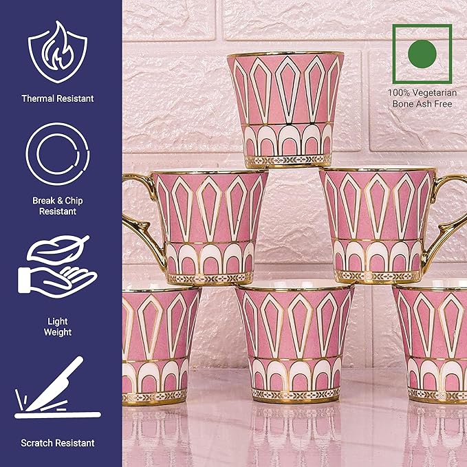 Dropped U Scale Pattern Pattern Golden Tea Mugs, Ceramic Tea Cups, Coffee Mugs, 160 ml, Pink, 6 Pcs Set