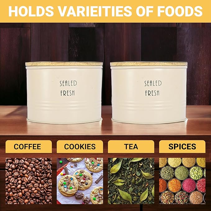Kitchen Storage Jars Tin Jar With Wooden Lid Air Tight Jar, 300 ml, Pack of 2 - Design 2