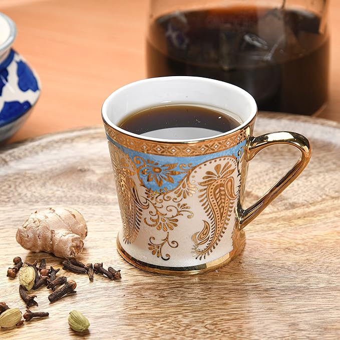 Golden Leaf Tea Mugs, Ceramic Tea Cups, Coffee Mugs, 180 ml, Golden, 6 Pcs Set, Not Microwave Safe